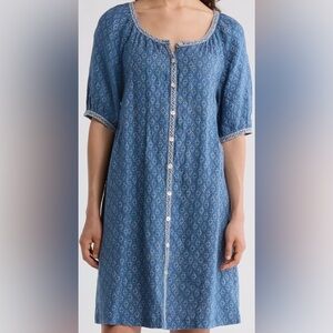 NWT faherty linen Blue Midi Dress button front caramel key largo blue